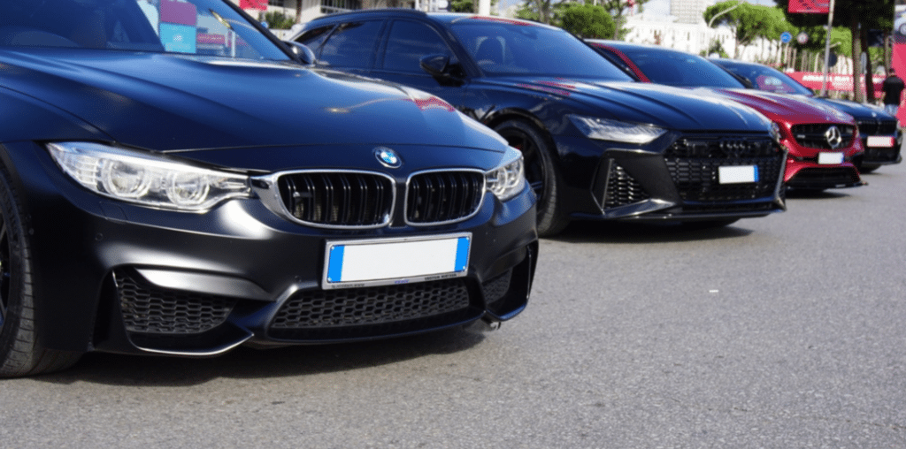 European auto repair, Maumelle, Cantrell Service Center. Front view of black BMW, Audi, and Mercedes-Benz cars parked in a row, highlighting the specialized European auto repair services offered at Cantrell Service Center in Maumelle, AR.