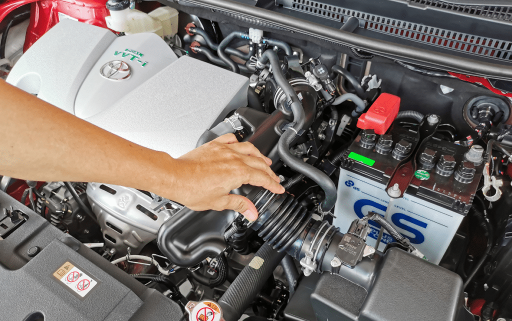 Toyota repair in Maumelle, AR by Cantrell Service Center. Engine bay of a Toyota vehicle, showcasing the detailed engine maintenance and repair services provided by Cantrell Service Center in Maumelle, AR, for Toyota vehicles.