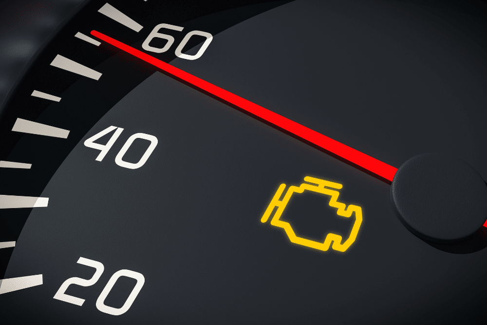 winter car issues, auto repair in north little rock at Cantrell Service Center. A close-up of a vehicle’s speedometer with the check engine light illuminated in yellow.