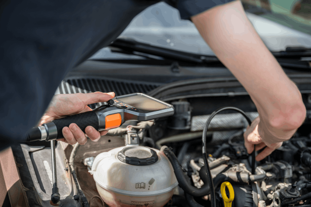 Pre-purchase inspections, auto repair in North Little Rock, AR by Cantrell Service Center. Image of a technician using an automotive borescope to inspect an engine, highlighting precision diagnostics and inspection.
